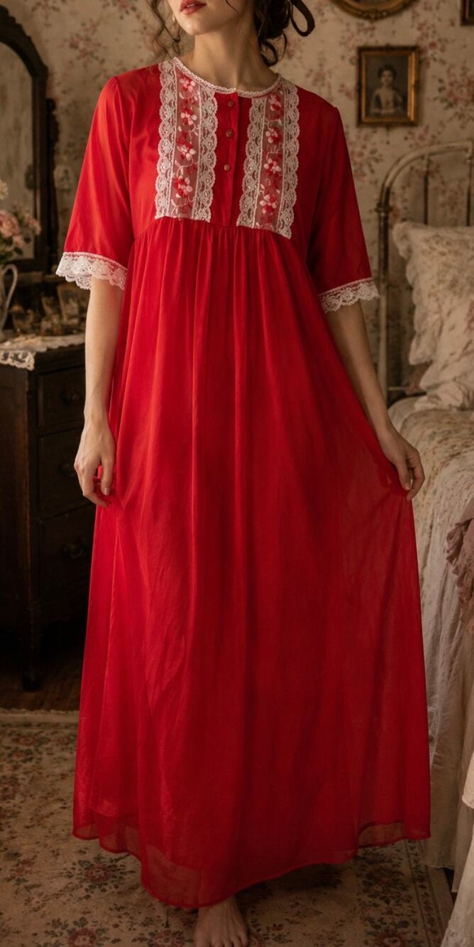 Vintage Red Maxi Nightgown White Lace Floral Embroidered Romantic Lingerie M - Picture 1 of 8